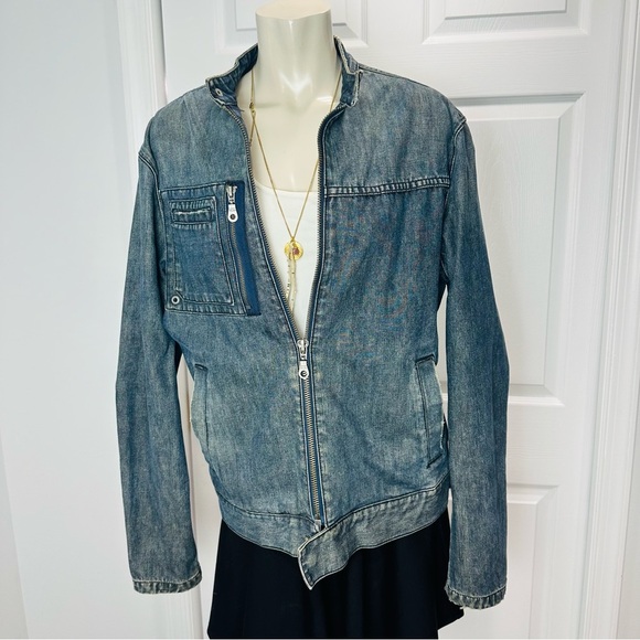 GUESS CAFE RACER jean jacket ZIP FRONT distressed blue denim UNISEX blue jean L - Picture 3 of 14